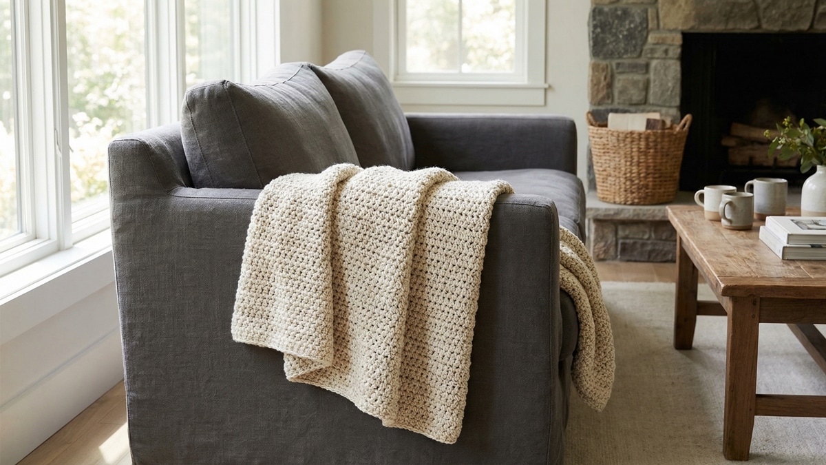 Manta de croche artesanal em tons neutros quentes bege e off-white, elegantemente disposta sobre sofa confortavel em ambiente residencial sofisticado, com iluminacao natural difusa e atmosfera acolhedora