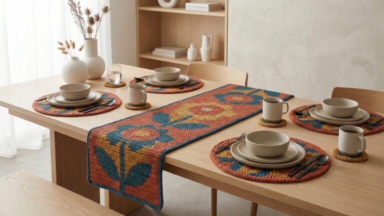 Mesa de jantar contemporanea com sousplats de croche floral em cores vibrantes terracota azul petroleo e mostarda com porta-copos e caminho de mesa coordenados