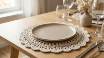 Mesa de jantar elegante com sousplats redondos de croche artesanal, pratos de ceramica, tacas e arranjo floral em cena completa