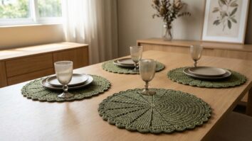 Mesa de jantar elegante com sousplats redondos de croche artesanal em tom verde sob pratos de ceramica e tacas em ambiente sofisticado com luz natural