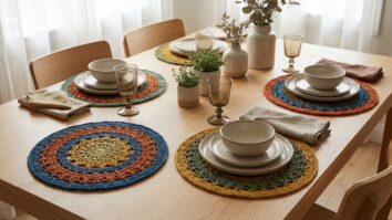 Mesa de jantar elegante com conjunto de sousplats redondos de croche artesanal em cores vibrantes com padrao rendado, loucas de ceramica neutra, tacas de vidro e guardanapos sobre mesa de madeira clara com luz natural