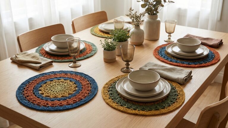 Mesa de jantar elegante com conjunto de sousplats redondos de croche artesanal em cores vibrantes com padrao rendado, loucas de ceramica neutra, tacas de vidro e guardanapos sobre mesa de madeira clara com luz natural