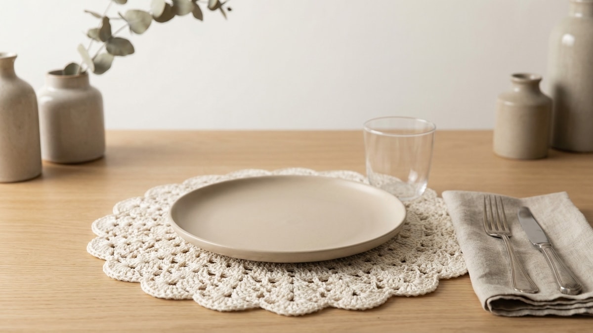 Mesa de jantar sofisticada com sousplats de croche artesanal off-white sob pratos de ceramica e tacas de vidro em ambiente com luz natural