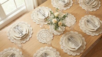 Mesa posta completa para jantar elegante com multiplos sousplats redondos de croche em algodao cru, loucas neutras, tacas de vidro e arranjo floral central