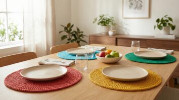 Mesa de jantar posta com sousplats redondos completos de croche artesanal em cores vibrantes e saturadas sob pratos de ceramica clara