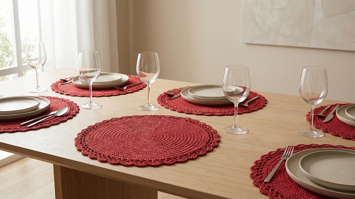 Mesa posta elegante com sousplats redondos completos de croche artesanal vermelho, sem recortes, sob louca neutra, talheres e tacas em ambiente contemporaneo com iluminacao natural suave