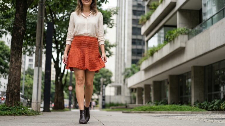 Mulher sorrindo usando mini saia de croche terracota vibrante com bota de cano curto em ambiente urbano brasileiro