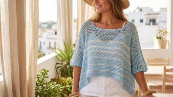 Mulher sorrindo usando blusa de croche azul claro vazada em ambiente externo de verao com luz natural