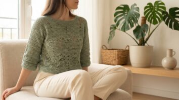 Mulher em ambiente sofisticado usando blusa de croche artesanal com calca de alfaiataria neutra em composicao casual chic com luz natural