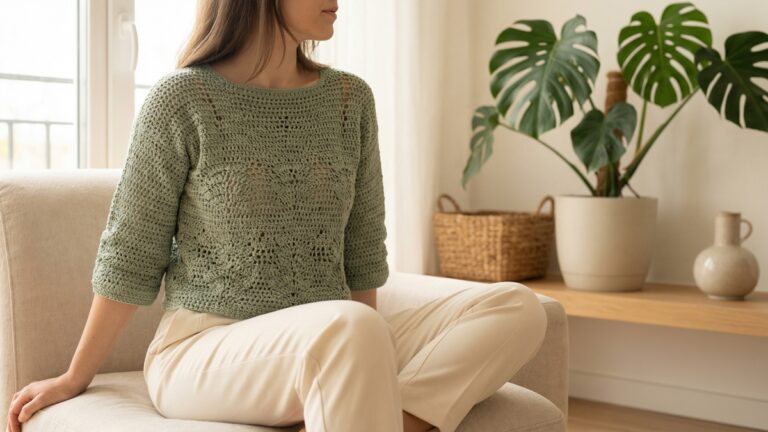 Mulher em ambiente sofisticado usando blusa de croche artesanal com calca de alfaiataria neutra em composicao casual chic com luz natural