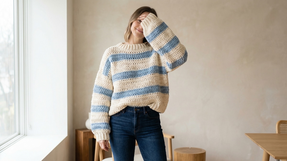 Mulher sorrindo usando blusa de croche artesanal oversized em tons charmosos com calca jeans em ambiente minimalista contemporaneo com luz natural