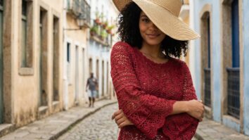 Mulher sorrindo usando blusa de croche artesanal vermelha em ambiente urbano brasileiro com luz natural destacando textura e acabamento