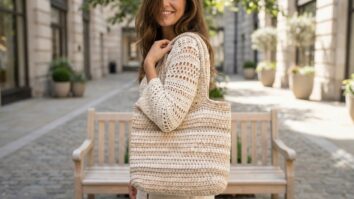 Mulher sorrindo usando bolsa estruturada e blusa de croche artesanal em tons neutros em ambiente urbano minimalista com banco de madeira