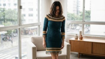 Mulher sorrindo usando vestido de croche artesanal com franjas em ambiente urbano contemporaneo no Brasil
