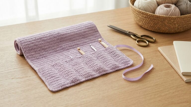 Porta agulha artesanal de croche em tom lilas sobre mesa de madeira clara em atelie organizado com tesoura vintage e novelos ao fundo