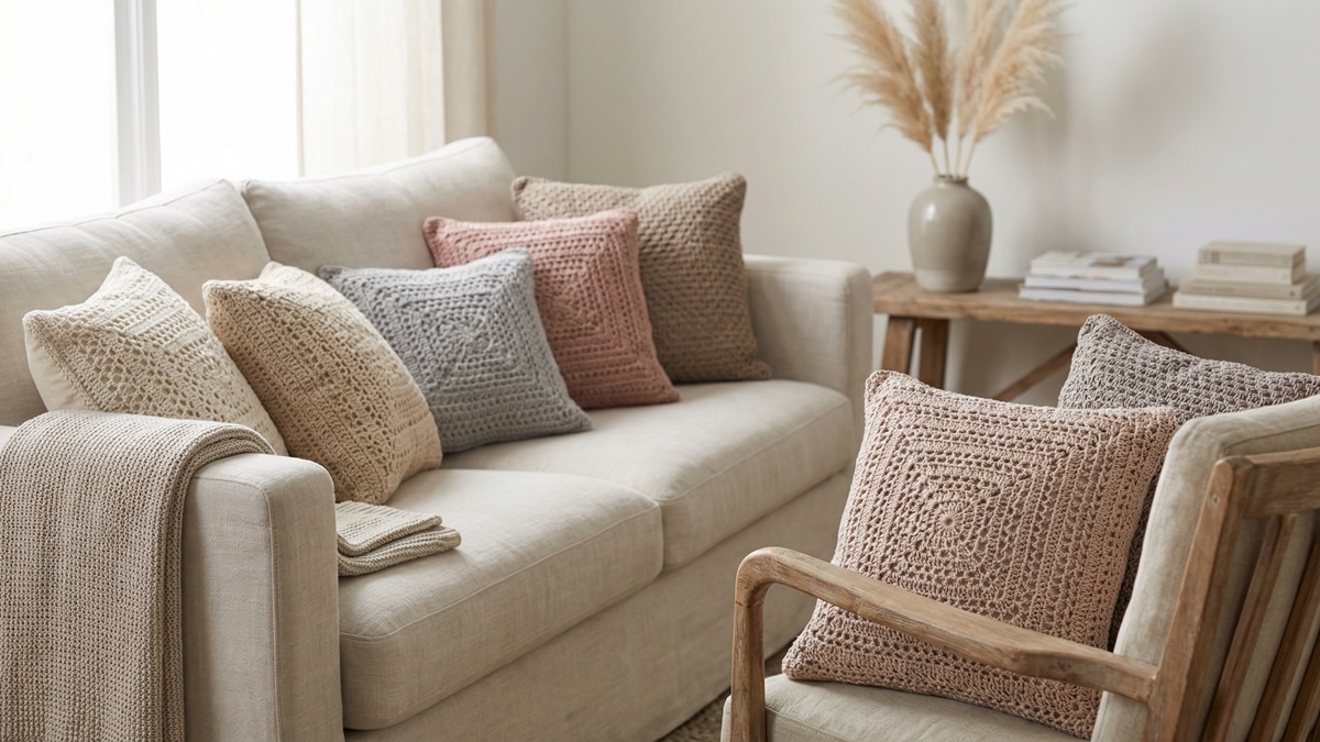 Sala de estar aconchegante com almofadas de croche artesanal em tons diferentes dispostas sobre sofa de linho claro e poltrona de madeira, com iluminacao natural suave e atmosfera convidativa