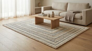 Sala de estar elegante com tapete de croche artesanal em tons modernos centralizado entre sofa de linho neutro e mesa de centro em madeira clara, com iluminacao natural suave e atmosfera aconchegante