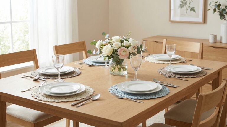Mesa de jantar elegante com sousplats de croche artesanal, pratos brancos, tacas de vidro e arranjo floral delicado em ambiente com luz natural