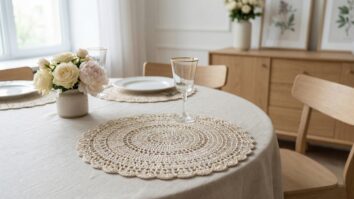 Mesa de jantar elegante com sousplats redondos de croche artesanal em bege claro com detalhes dourados sob pratos brancos e tacas em ambiente sofisticado