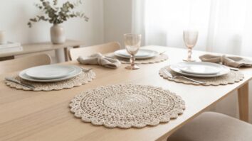 Mesa de jantar elegante com sousplats de croche artesanal em bege claro sob pratos brancos, talheres e tacas em composicao harmoniosa