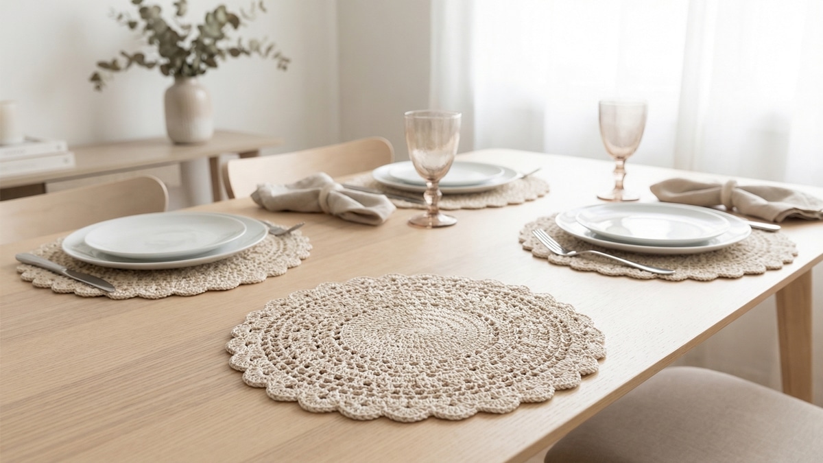 Mesa de jantar elegante com sousplats de croche artesanal em bege claro sob pratos brancos, talheres e tacas em composicao harmoniosa