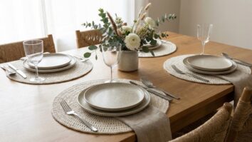 Mesa posta elegante com sousplats de crochê em tons cru sob pratos de cerâmica neutra