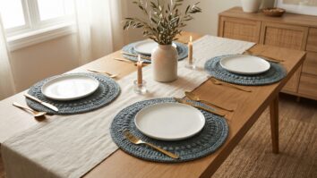 Sousplats de croche artesanais modelo turco com relevo dispostos sob loucas brancas em mesa de jantar com madeira clara