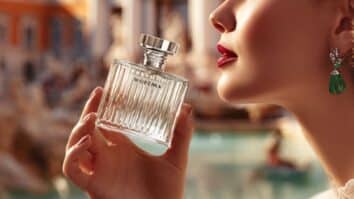 Mulher com frasco de perfume na mão