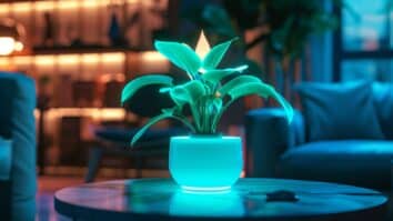 Imagem de uma planta com bioluminescência brilhando no escuro