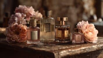 Rosas búlgaras e frascos de perfumes genéricos