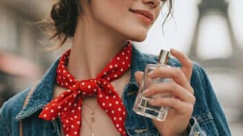 Mulher com frasco de perfume na mão