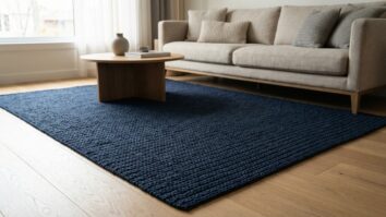 Sala de estar contemporanea com tapete de croche artesanal azul escuro sobre piso de madeira clara e sofa neutro ao fundo