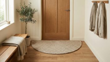 Tapete completo de croche meia lua artesanal em tom elegante posicionado rente a porta de entrada, em cena unica sem divisoes, evidenciando formato semicircular inteiro e textura do croche em ambiente acolhedor com iluminacao natural