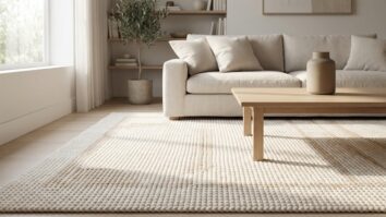 Tapete de croche off-white com detalhes bege e trama geometrica centralizado sob mesa de centro em sala contemporanea