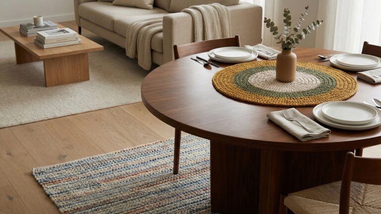 Sala de jantar integrada com tapete de croche no piso e centro de mesa redondo de croche sobre mesa elegante