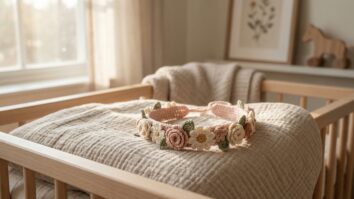 Tiara de croche infantil rosa estilo coroa de flores sobre manta de algodao em quarto de bebe com luz natural suave