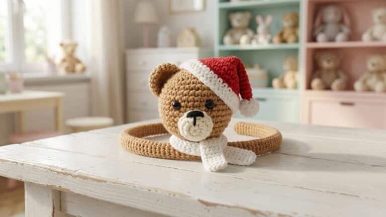 Tiara de urso em croche amigurumi com gorro de Papai Noel sobre mesa branca em quarto infantil com decoracao suave