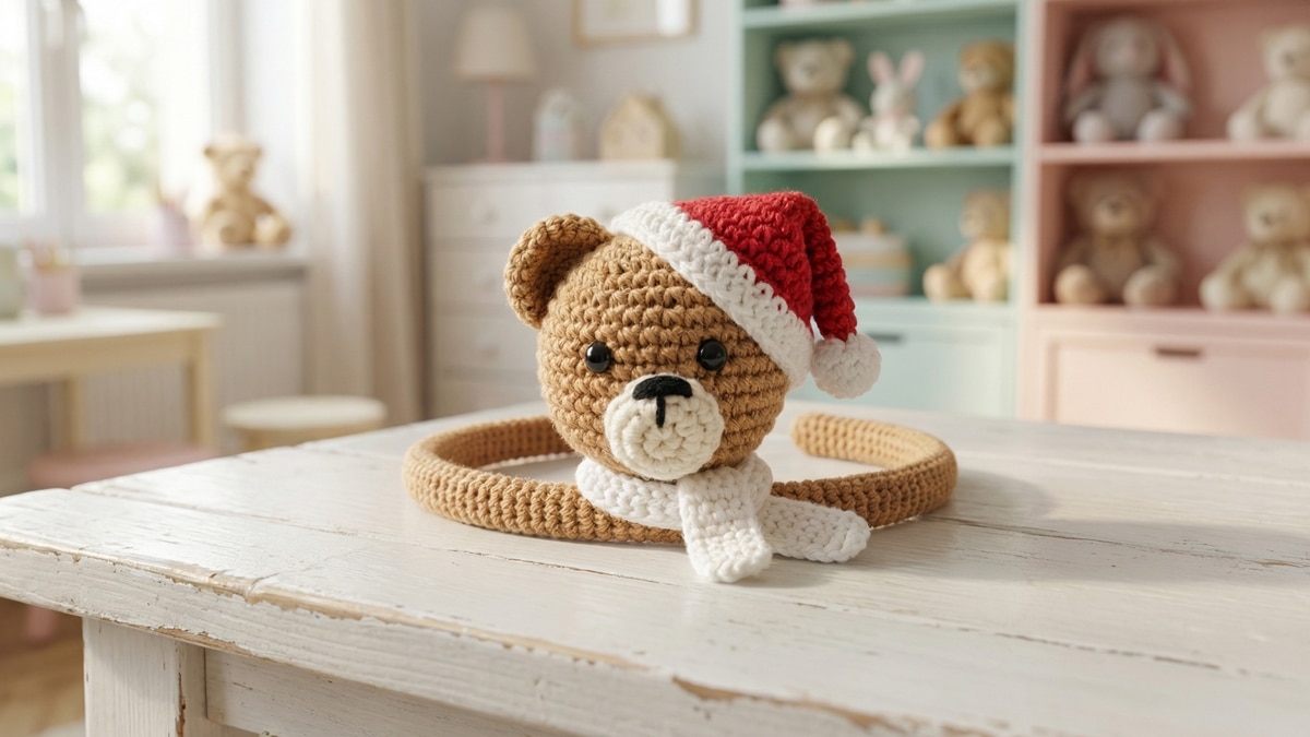Tiara de urso em croche amigurumi com gorro de Papai Noel sobre mesa branca em quarto infantil com decoracao suave