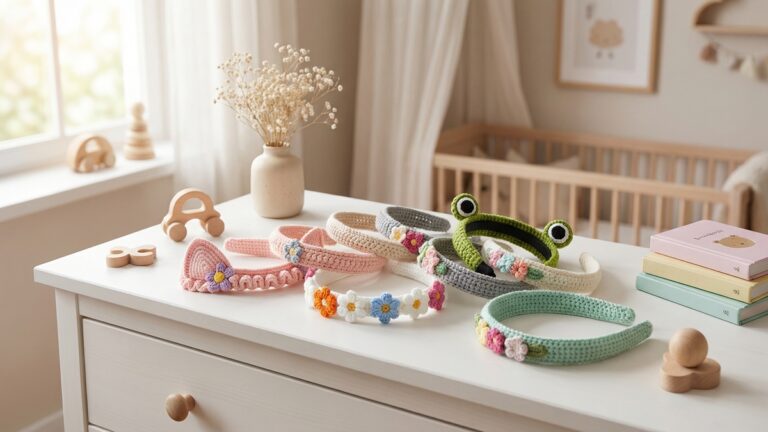 Colecao de tiaras de croche infantil artesanal com orelhinhas e flores coloridas sobre superficie branca em quarto delicado