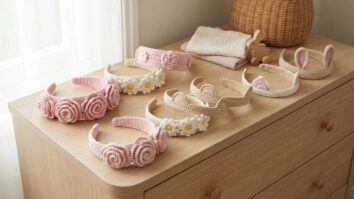 Quarto infantil delicado com tiaras estruturadas de croche artesanal em tons pasteis organizadas sobre comoda, com modelos de flores 3D e orelhinhas de animais, iluminacao natural suave e atmosfera encantadora
