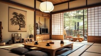 Imagem de uma sala de estar parte de uma casa japonesa