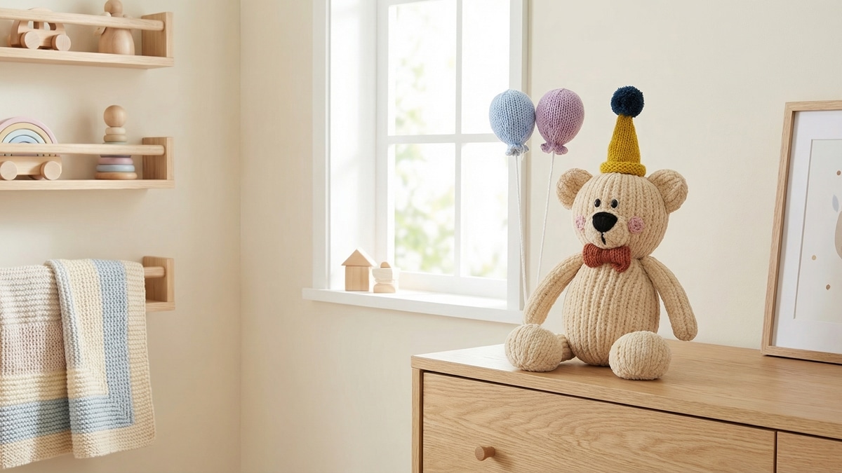 Amigurumi do ursinho tadeu bege com chapeu de festa e baloes coloridos como brinquedo decorativo em quarto infantil