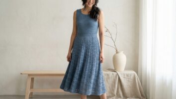 Mulher sorrindo usando vestido artesanal de croche azul em estudio clean com iluminacao natural e estetica editorial de moda contemporanea