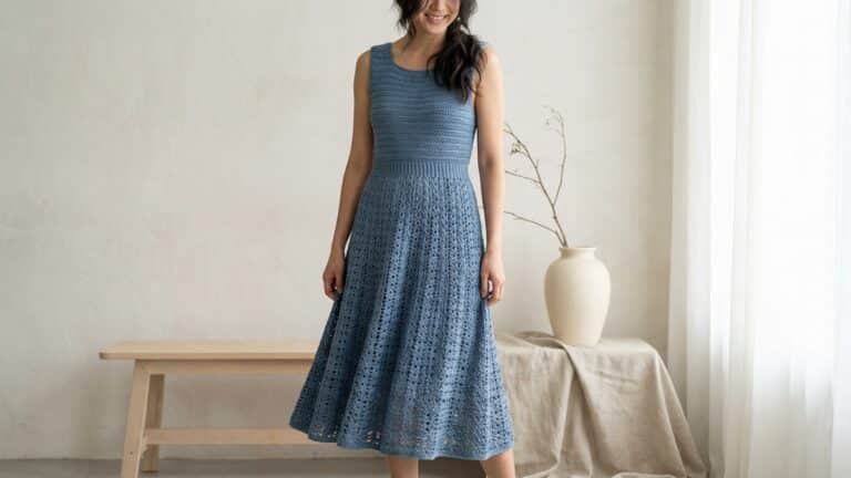 Mulher sorrindo usando vestido artesanal de croche azul em estudio clean com iluminacao natural e estetica editorial de moda contemporanea