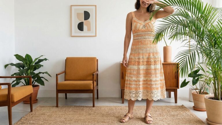 Mulher sorrindo usando vestido de croche elegante em apartamento com decoracao brasileira e luz natural