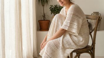 Ambiente interno elegante e charmoso com mulher sorrindo usando vestido artesanal de croche em tom off-white suave em cenario simples com cadeira de madeira cortina de tecido natural e luz suave da janela