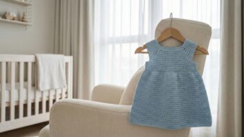 Vestido de croche infantil em tons pastel delicados exposto em quarto de bebe elegante e iluminado