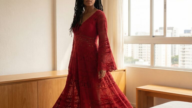 Mulher em ambiente moderno brasileiro usando vestido artesanal de croche vermelho com trama rendada delicada e caimento fluido em composicao editorial refinada