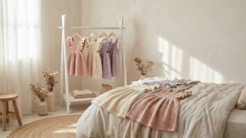 Vestidos de croche infantil em tons rosa bebe, off-white e lilas em cabideiro branco minimalista em quarto infantil iluminado naturalmente
