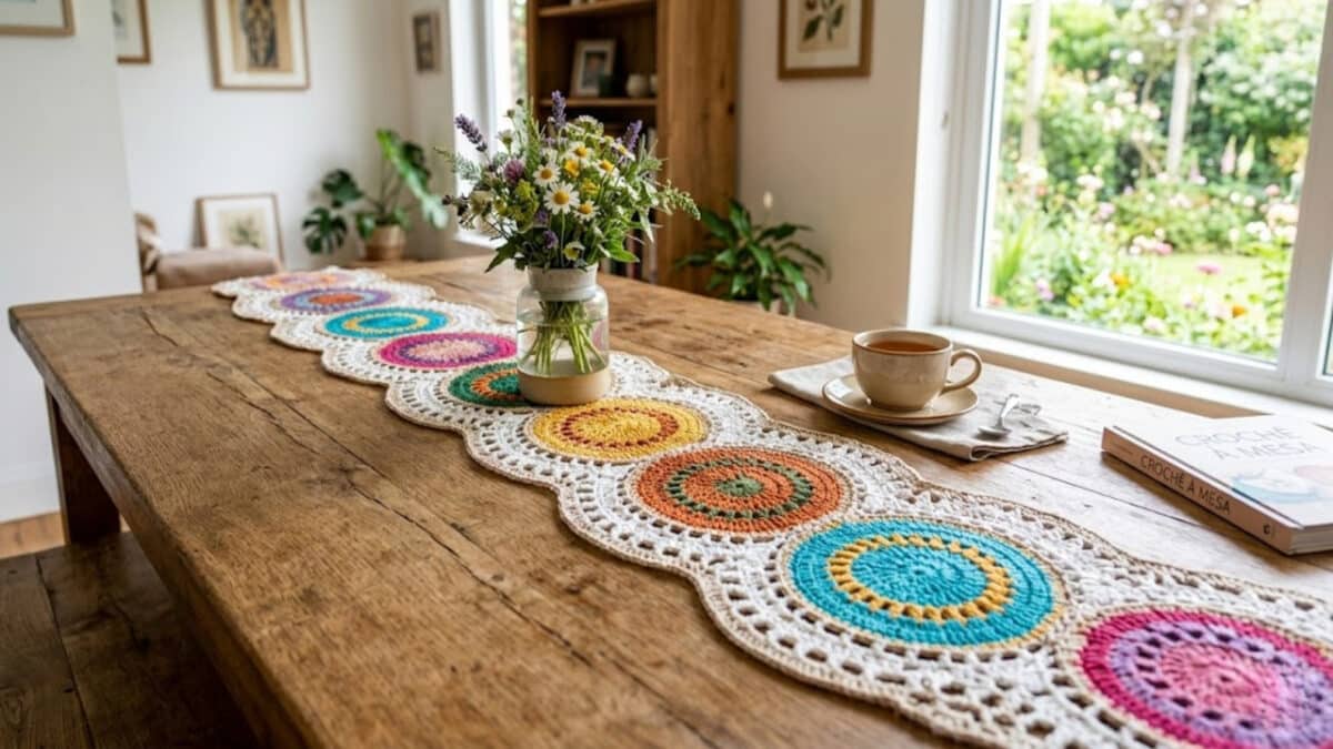 Aprenda a fazer um lindo caminho de mesa em crochê com círculos para decorar a casa
